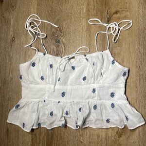 American Eagle Outfitters White Smocked Top with Navy Floral Accents